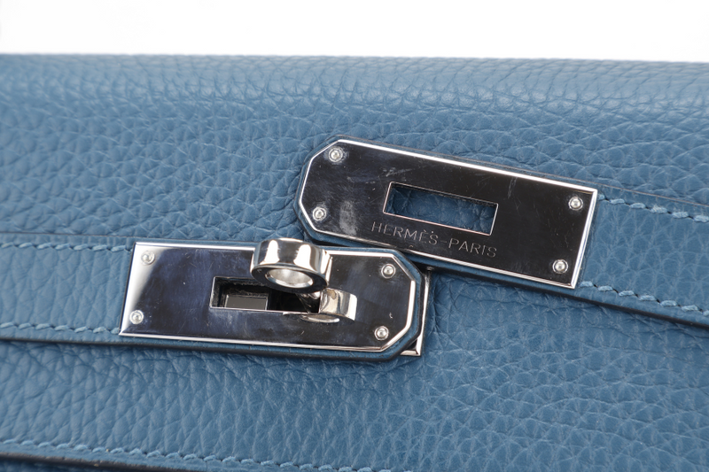 HERMES KELLY 35 BLUE COLVERT CLEMENCE LEATHER SILVER HARDWARE STAMP Q (YEAR 2013) WITH STRAPS, KEYS & LOCK , BOX AND PAPER BAG (NO DUST COVER)