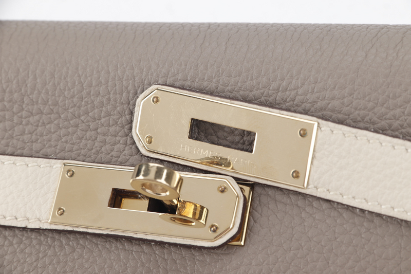 HERMES KELLY 28 HSS STAMP C (YEAR 2018) RETOURNE GRIS ASPHALTE TRENCH TOGO LIGHT GOLD HARDWARE WITH STRAPS AND DUST COVER NO KEYS & LOCK