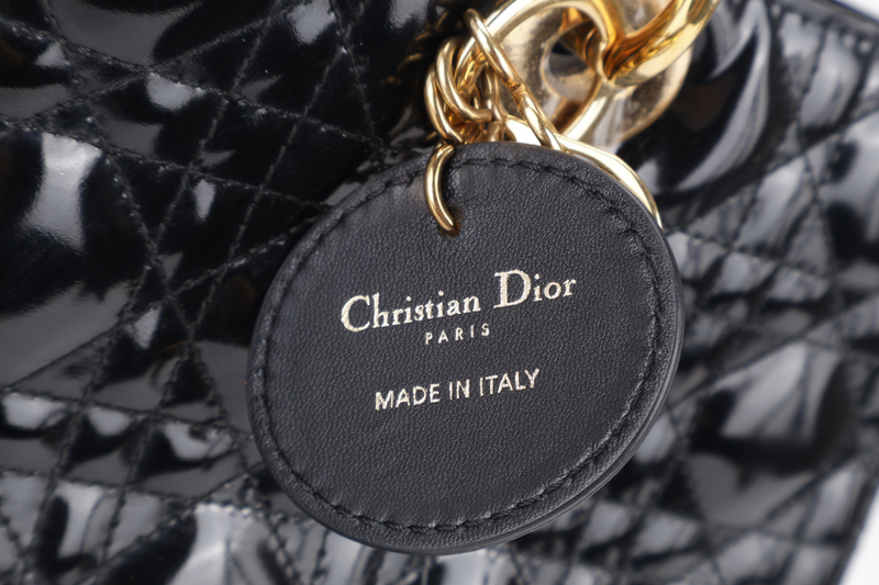 CHRISTIAN DIOR LADY DIOR LARGE PATENT BLACK GOLD HARDWARE WITH CARD AND DUST COVER
