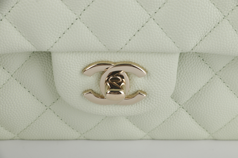 CHANEL FLAP MEDIUM (ALUNxxxx) MINT GREEN CAVIAR LEATHER LIGHT GOLD HARDWARE MICROCHIP WITH DUST COVER