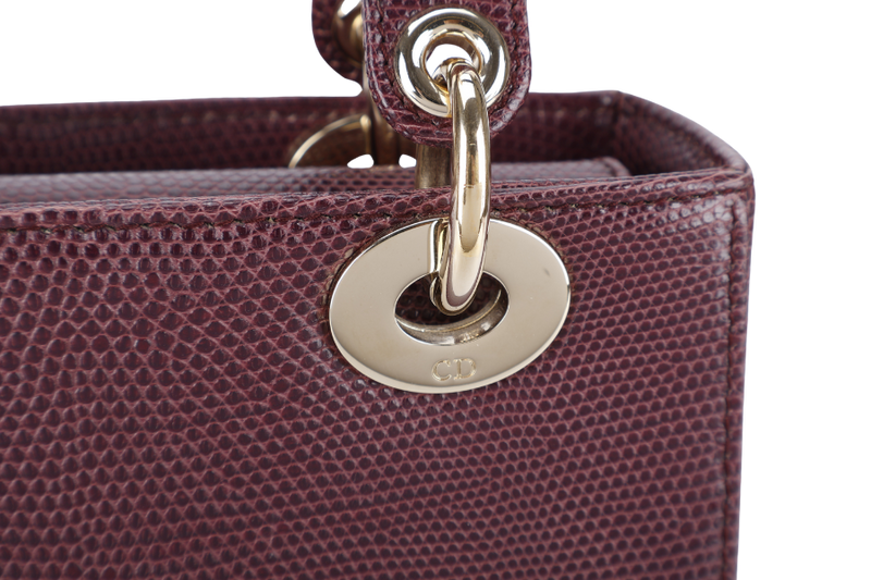 CHRISTIAN DIOR LADY DIOR MINI BURGUNDY LIZARD SKIN GOLD HARDWARE WITH STRAPS, CITIES REPORT AND DUST COVER