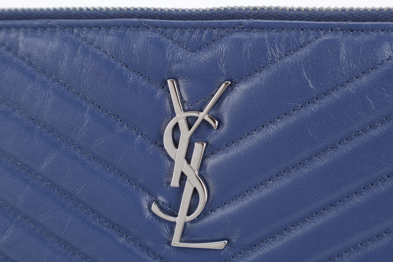 YVES SAINT LAURENT (YSL) V STITCH POUCH BLUE CALFSKIN SILVER HARDWARE NO DUST COVER