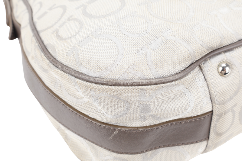 SALVATORE FERRAGAMO GANCINI GREY CANVAS WITH BROWN LEATHER LINING SILVER HARDWARE WITH DUST COVER