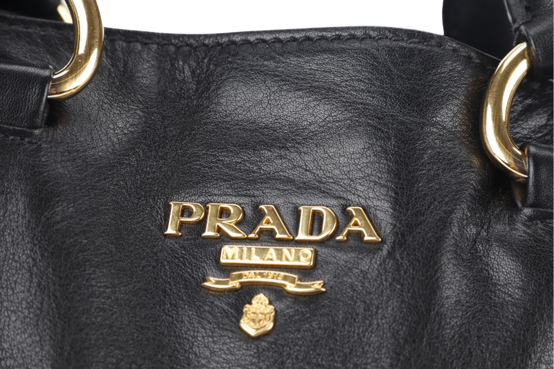 PRADA SHOPPING TOTE (BN1713) LARGE BLACK CALF LEATHER GOLD HARDWARE WITH STRAP AND DUST COVER