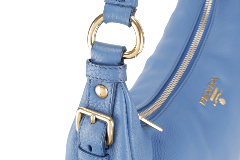 PRADA ZIP TOP HOBO VITELLO DAINO BAG LARGE BLUE LEATHER GOLD HARDWARE NO DUST COVER