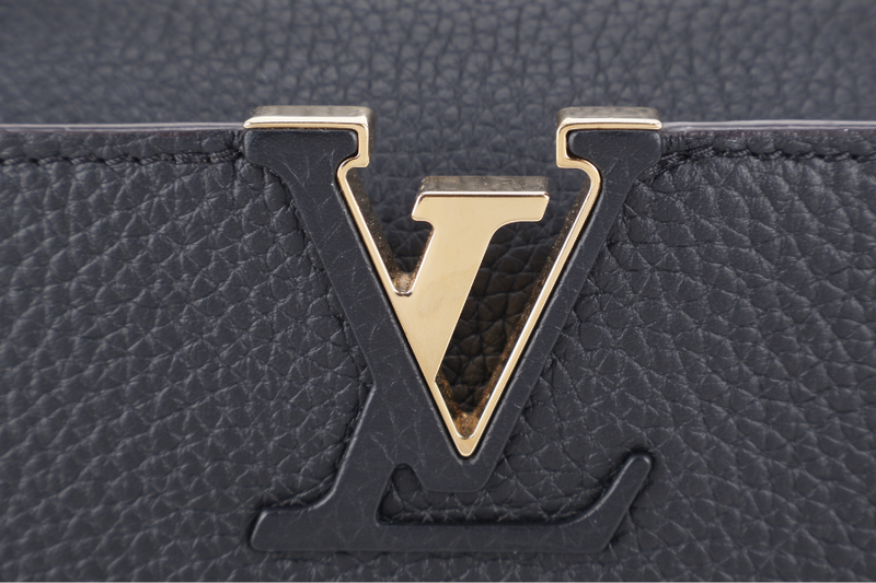 LOUIS VUITTON CAPUCINES BB BLACK CALFSKIN LEATHER GOLD HARDWARE WITH LEATHER STRAPS AND DUST COVER