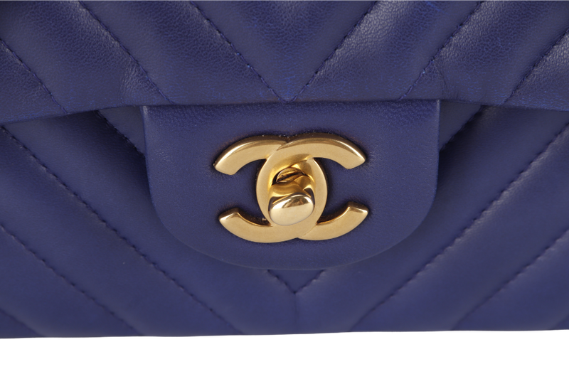 CHANEL CLASSIC FLAP CHEVRON (2117xxxx) DARK BLUE LAMBSKIN GOLD HARDWARE MEDIUM SIZE WITH CARD AND DUST COVER