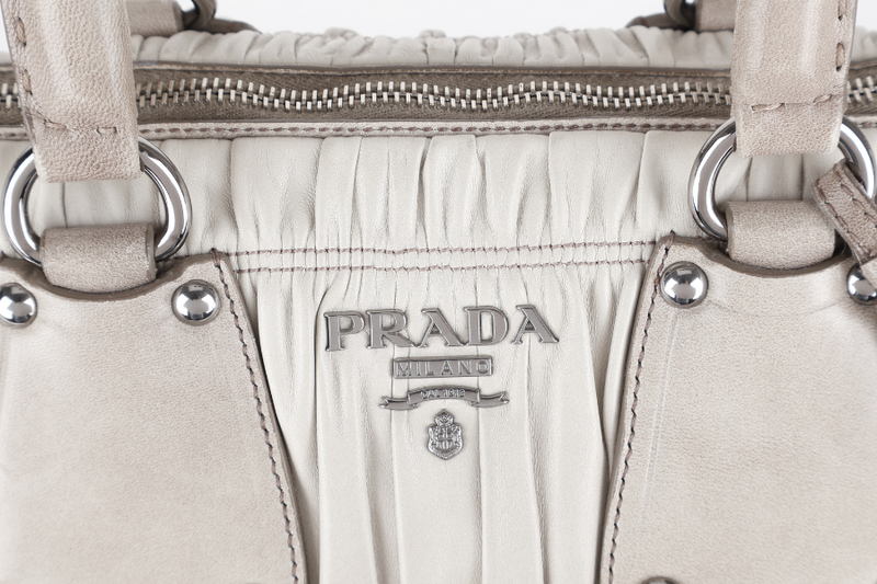 PRADA NAPPA GAUFRE (BN1935) GREY LEATHER SILVER HARDWARE WITH STRAPS, CARD AND DUST COVER
