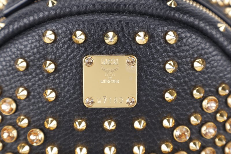 MCM BLACK SMALL BACKPACK GOLD STUDDED SWAROVSKI BACKPACK WITH DUST COVER