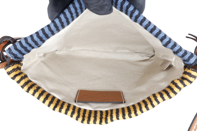 LOEWE PAULA'S IBIZA STRIPE PATCH DRAWSTRING BAG BROWN LEATHER TRIM WITH DUST COVER