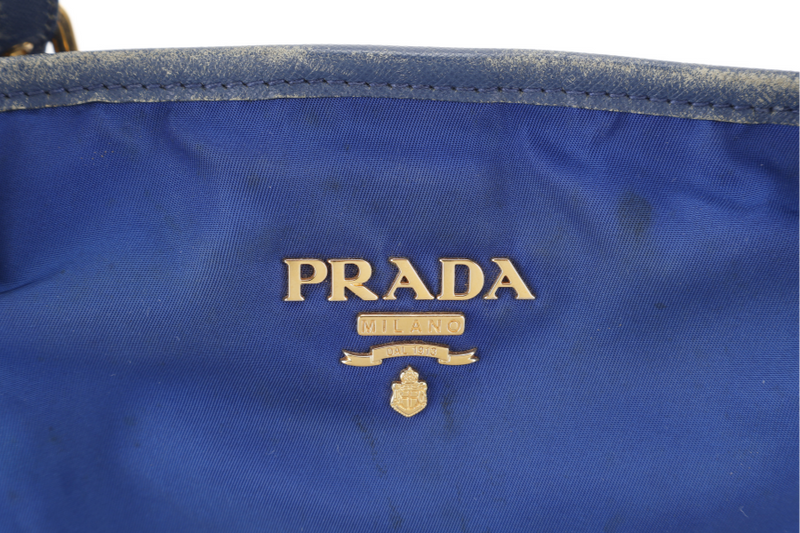 PRADA BR4997 SHOULDER TOTE BAG BLUETTE TESSUTO SAFFIANO GOLD HARDWARE WITH CHARM, CARD AND NO DUST COVER