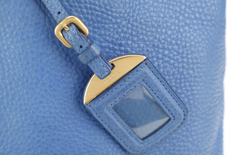 PRADA BLUE VITELLO DAINO LEATHER TOTE GOLD HARDWARE WITH STRAPS, CARD AND DUST COVER
