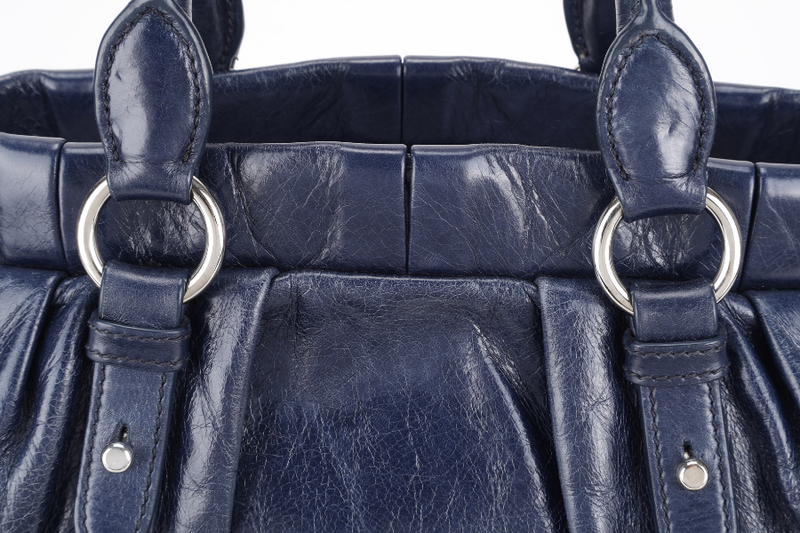 MIU MIU VITELLO SHINE SATCHEL DARK BLUE LEATHER SILVER HARDWARE WITH STRAPS AND NO DUST COVER