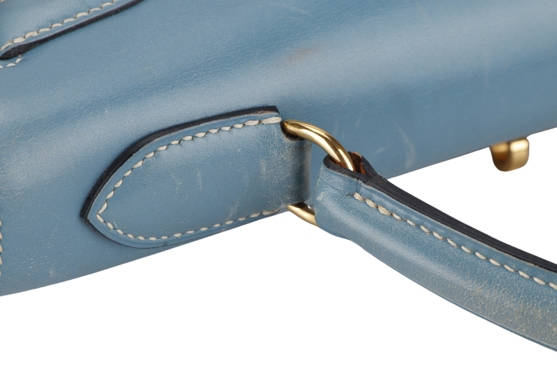 HERMES KELLY 32 STAMP A (YEAR 1997) BLUE JEAN BOX LEATHER GOLD HARDWARE WITH DUST COVER, STRAP , KEYS AND LOCK