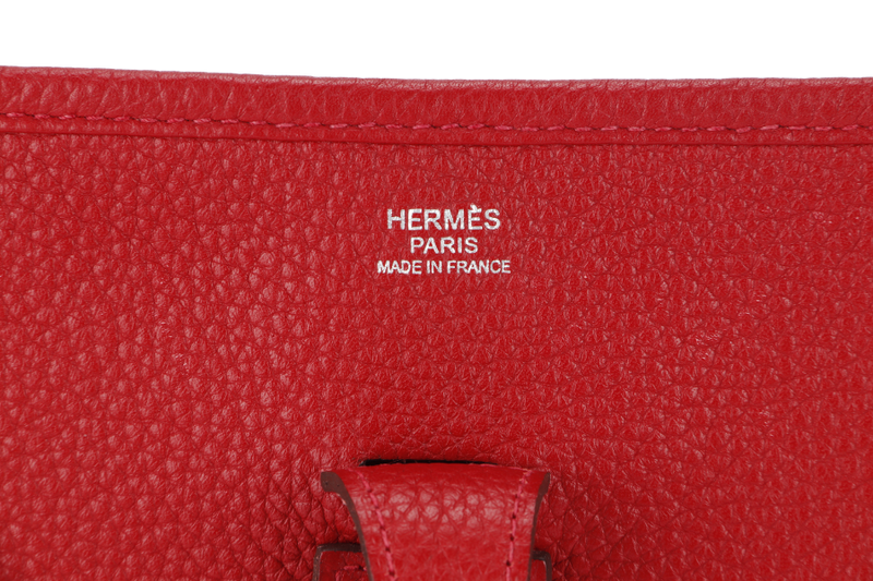 HERMES EVELYNE PM STAMP P RED CLEMENCE LEATHER SILVER HARDWARE WITH STRAP AND DUST COVER