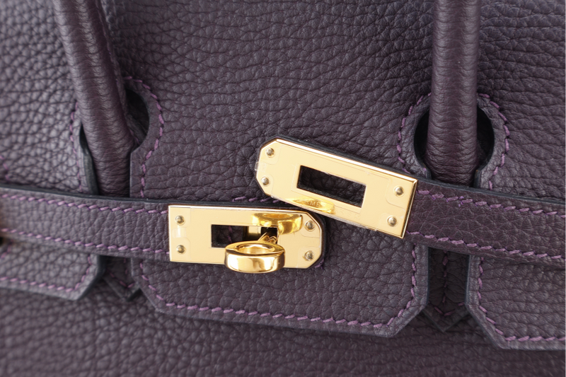 HERMES BIRKIN 25 STAMP T (YEAR 2015) RAISIN COLOR TOGO LEATHER GOLD HARDWARE WITH KEYS, LOCK AND DUST COVER