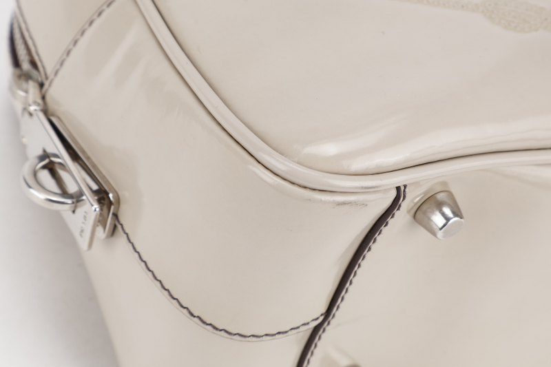 PRADA BN1114 TOP HANDLE BEIGE VINYL BAG SILVER HARDWARE WITH CARD, KEYS&LOCK AND DUST COVER