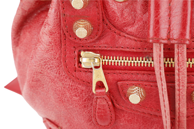 BALENCIAGA RED LEATHER GGH POMPON BAG GOLD HARDWARE WITH MIRROR, STRAPS AND DUST COVER