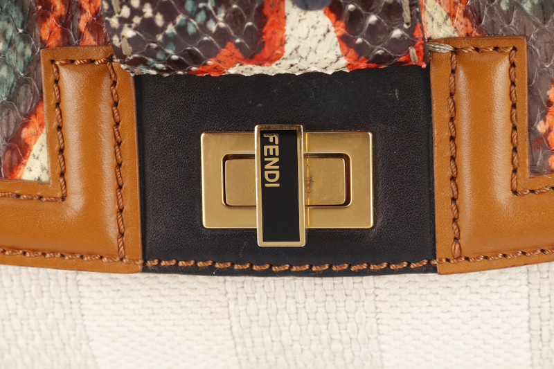 FENDI WHITE PYTHON TRIM CANVAS SILVANA SATCHEL MULTIPLE COLORS TOP FLAP GOLD HARDWARE WITH DUST COVER