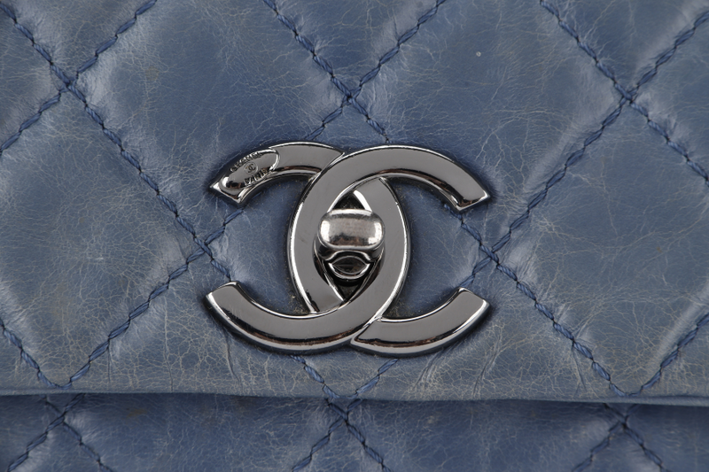 CHANEL FLAP MEDIUM BLUE SHOULDER BAG (2075xxxx) CALFSKIN LEATHER PALLADIUN HARDWARE WITH CARD AND DUST COVER