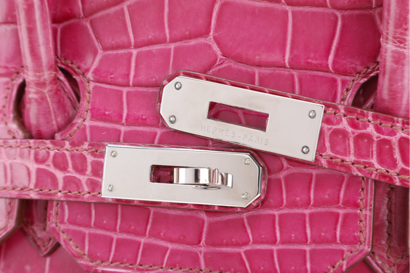 HERMES BIRKIN 35 STAMP N SQUARE (YEAR 2010) ROSE SCHEHERAZADE POROSUS CROC SKIN SILVER HARDWARE WITH KEYS&LOCK, RAINCOAT, DUST COVER & BOX