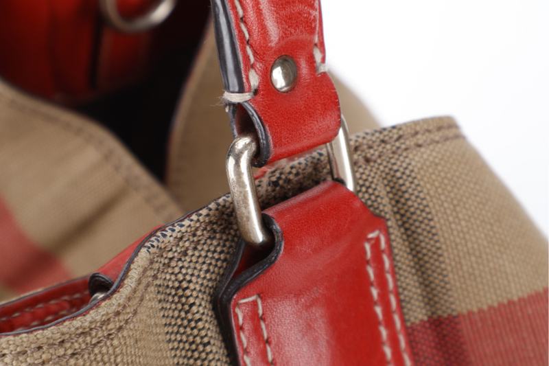 BURBERRY ASHBY CHECK CANVAS BUCKET BAG SILVER HARDWARE WITH LEATHER STRAPS