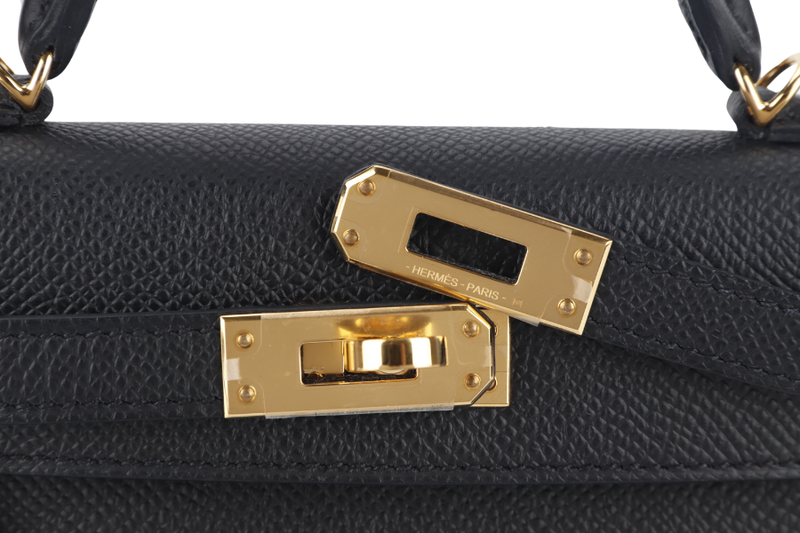 HERMES MINI KELLY (STAMP B) BLACK EPSOM GOLD HARDWARE WITH STRAP, DUST COVER AND BOX