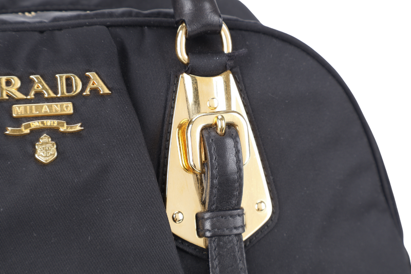 PRADA BL0470 BLACK NYLON BOWLING BAG GOLD HARDWARE WITH CARD, DUST COVER AND LOCK