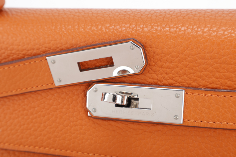 HERMES KELLY 28 RETOURNE ORANGE CLEMENCE LEATHER SILVER HARDWARE STAMP X (YEAR 2016) WITH LONG STRAP, LOCK&KEYS , DUST COVER, RAINCOAT AND BOX