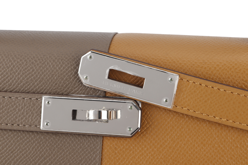 HERMES KELLY 28 STAMP U (YEAR 2023) CASAQUE ETOUPE, SESAME COLOR EPSOM LEATHER SILVER HARDWARE WITH STRAPS, LOCK&KEYS, RAINCOAT AND DUST COVER