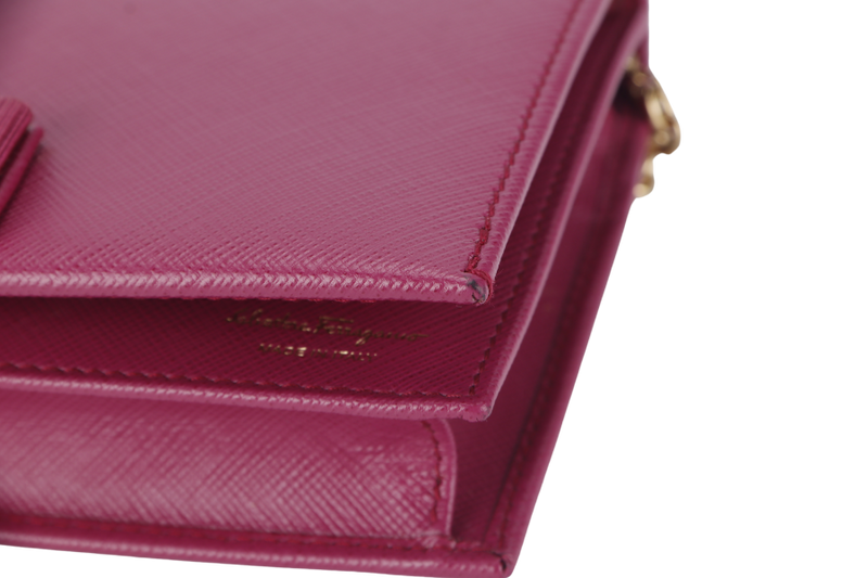 SALVATORE FERRAGAMO MISS VARA BOW CROSSBODY WALLET ON CHAIN (KM22B850) DARK PINK LEATHER GOLD HARDWARE WITH BOX