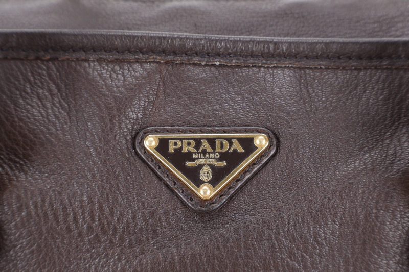 PRADA DARK BROWN DEERSKIN VERTICAL SHOULDER TOTE GOLD HARDWARE NO DUST COVER