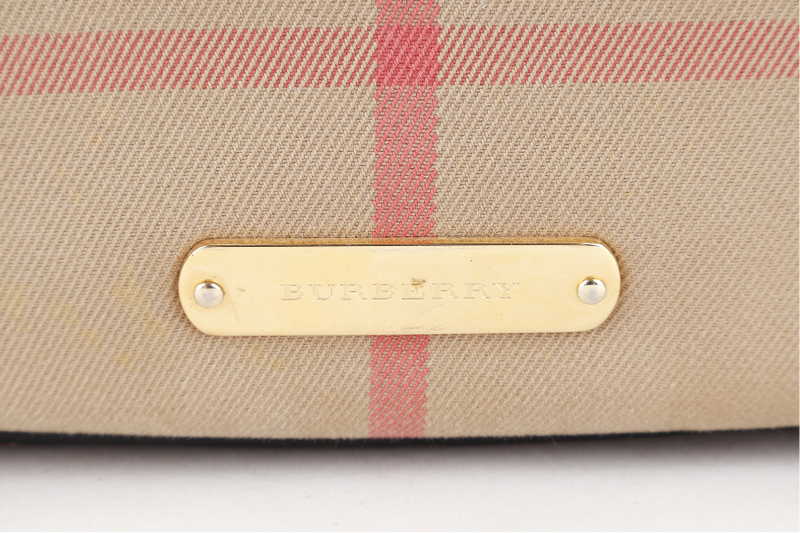 BURBERRY HOUSE CHECK BRIDLE BOWLING BAG BROWN CANVAS AND LEATHER GOLD HARDWARE WITH DUST COVER