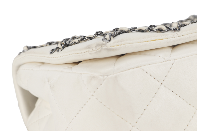 CHANEL QUILTING ENCHAINED FLAP BAG (1968xxxx) WHITE LAMBSKIN LEATHER SILVER HARDWARE WITH CARD, DUST COVER AND BOX