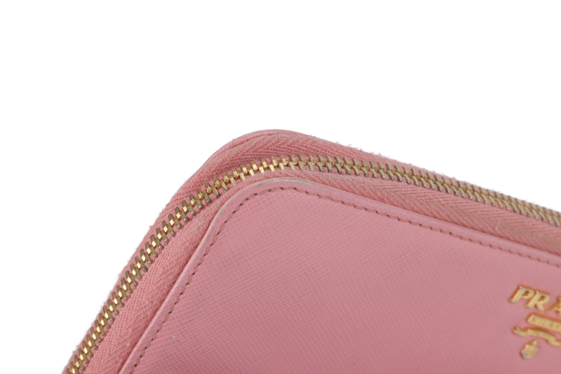 PRADA ZIP AROUND LONG WALLET PINK SAFFIANO LEATHER GOLD HARDWARE WITH BOX