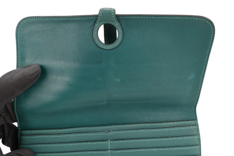 HERMES DOGON PORTEFEUILLE WALLET STAMP R SQUARE (YEAR 2014) VERT FONCE TOGO LEATHER SILVER HARDWARE WITH BOX