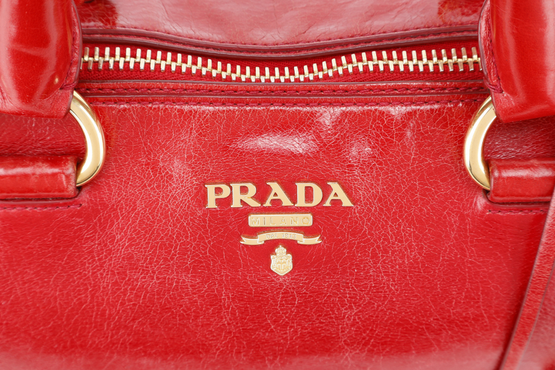 PRADA BL0822 RED VITELLO SHINE LEATHER ZIP TOTE BAG WITH CARD, STRAPS, KEYS & LOCK AND DUST COVER