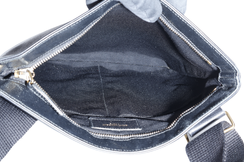 YVES SAINT LAURENT (YSL) FLAT MESSENGER BAG BLACK CALF LEATHER GOLD HARDWARE WITH CARD