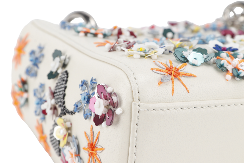 CHRISTIAN DIOR LADY DIOR MINI FLOWER SEQUIN OFF WHITE LEATHER SILVER HARDWARE (04-MA-0145) WITH STRAPS, CARD, DUST COVER AND BOX