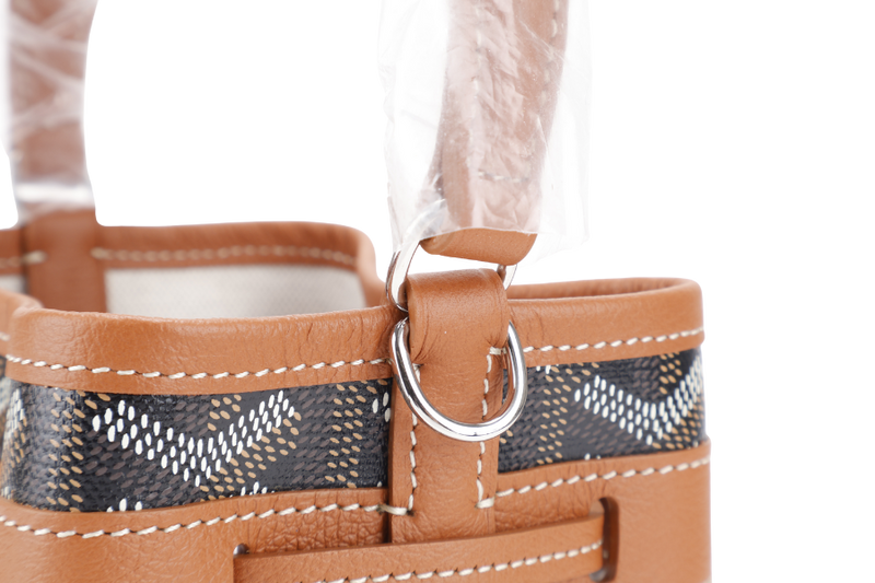 GOYARD PETIT FLOT MINI BUCKET BLACK AND TAN SILVER HARDWARE WITH STRAPS AND DUST COVER