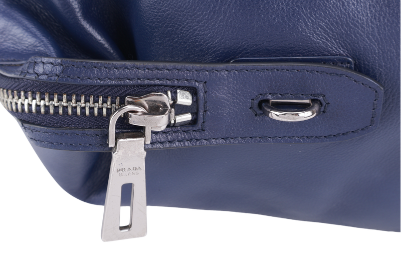 PRADA BR4998 BLUE LARGE LEATHER BOSTON BAG SILVER HARDWARE WITH KEYS & LOCK NO DUST COVER