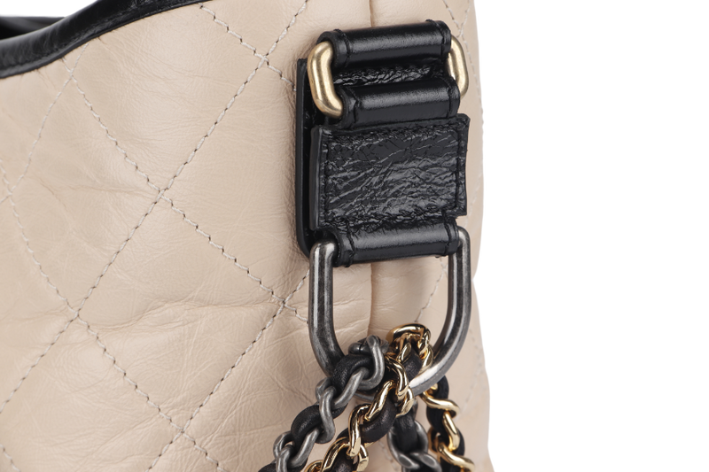 CHANEL GABRIELLE MEDIUM (254xxxx) BEIGE BLACK AGED CALFSKIN GOLD TONE/SILVER TONE & RUTHENIUM HARDWARE WITH DUST COVER