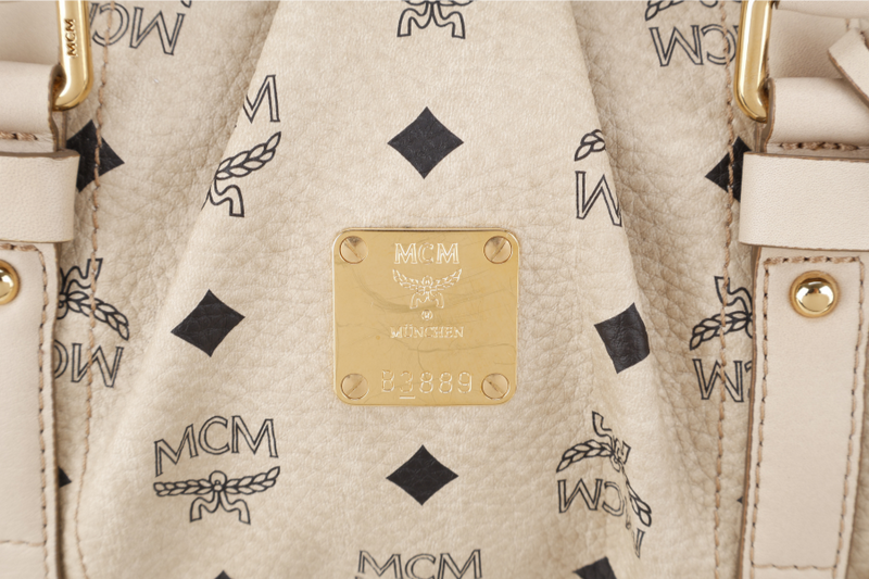 MCM BOSTON LIGHT BEIGE MONOGRAM CANVAS GOLD HARDWARE WITH KEYS, LOCK AND DUST COVER