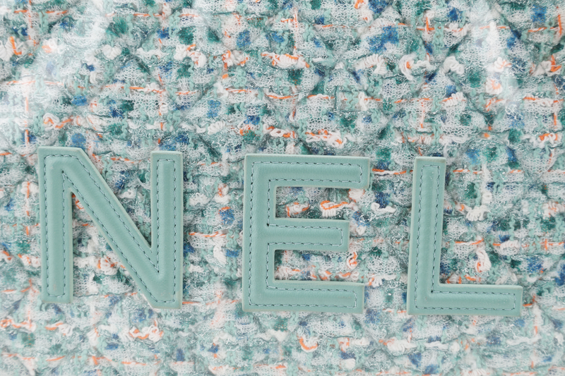 CHANEL GREEN TWEED PVC LAMBSKIN CHANEL LOGO WRISTLET POUCH (2081xxxx) GOLD HARDWARE WITH DUST COVER AND CARD