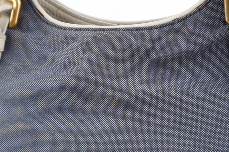 PRADA BLUE DENIM TOTE BAG WHITE LEATHER GOLD HARDWARE NO DUST COVER