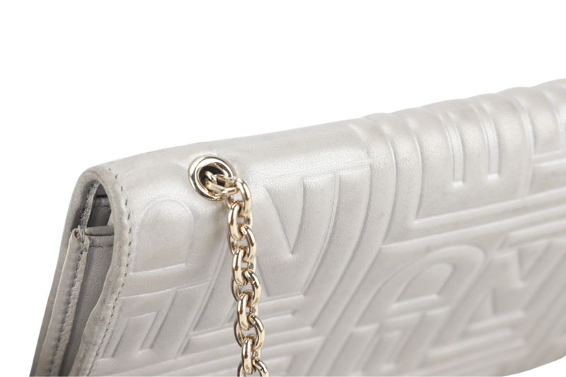 FENDI SILVER METALLIC NAPPA LOGO EMBOSSED W.O.C GOLD HARDWARE (AX41526) WITH CHAIN STRAPS NO DUST COVER