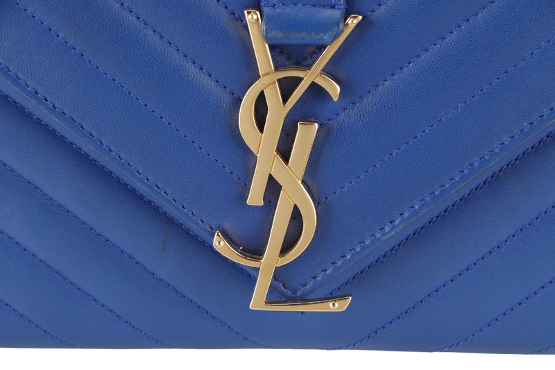 YVES SAINT LAURENT (YSL) MEDIUM ENVELOPE BAG BLUE CHEVRON QUILTED LEATHER GOLD HARDWARE WITH DUST COVER