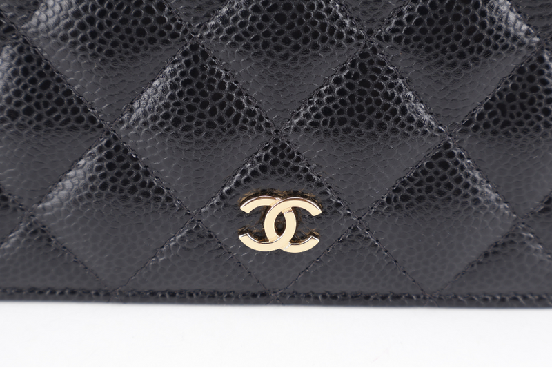 CHANEL BLACK QUILTED CAVIAR LEATHER L YEN CONTINENTAL WALLET (2446xxxx) GOLD HARDWARE WITH CARD NO DUST COVER