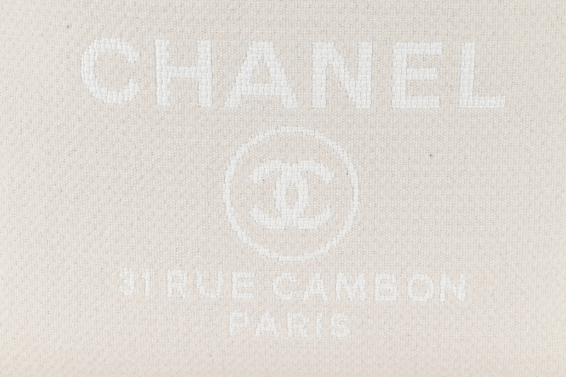 CHANEL DEAUVILLE SMALL BEIGE & WHITE CANVAS (K17Lxxxx) GOLD HARDWARE WITH DUST COVER AND BOX