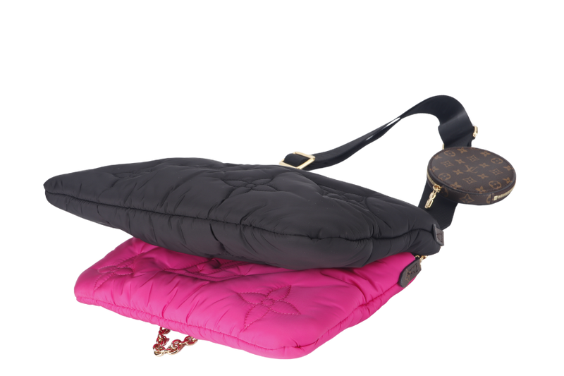 LOUIS VUITTON MAXI MULTI POCHETTE (M58980) BLACK AND FUCHSIA NYLON PILLOW MONOGRAM WITH GOLD CHAIN , STRAP WITH DUST COVER